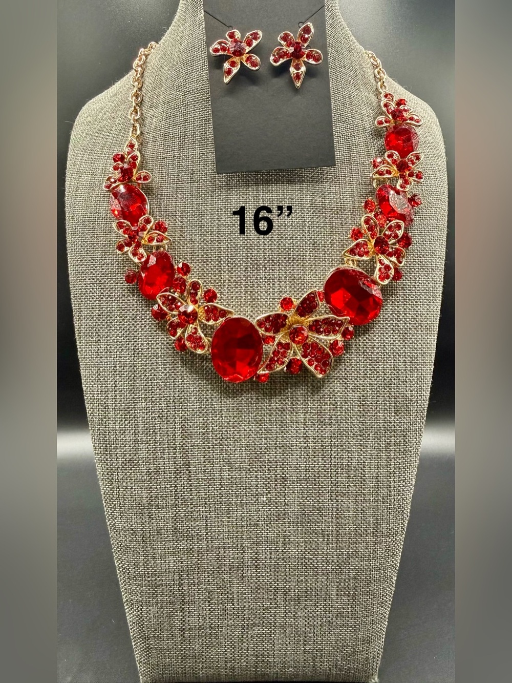 Red Crystal Floral Statement Necklace with Matching Earrings